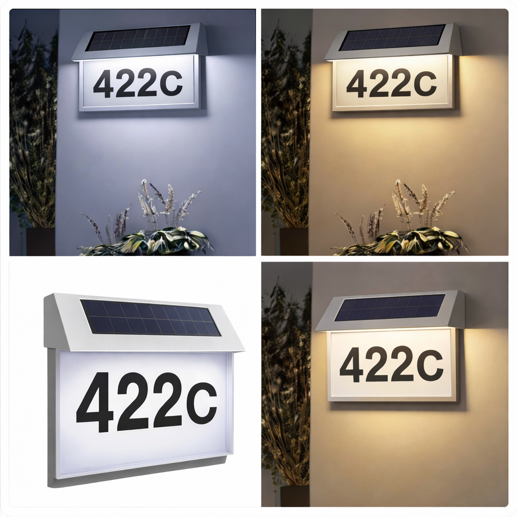 Număr de Casă Modern cu Lumină LED, Alimentare Solară Fără Cabluri și Carcasă din Inox
