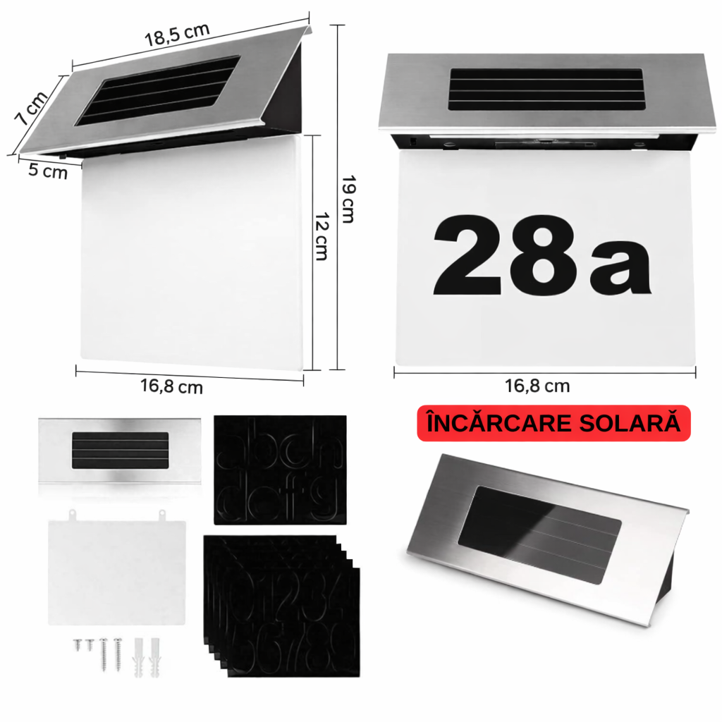 Număr de Casă Modern cu Lumină LED, Alimentare Solară Fără Cabluri și Carcasă din Inox