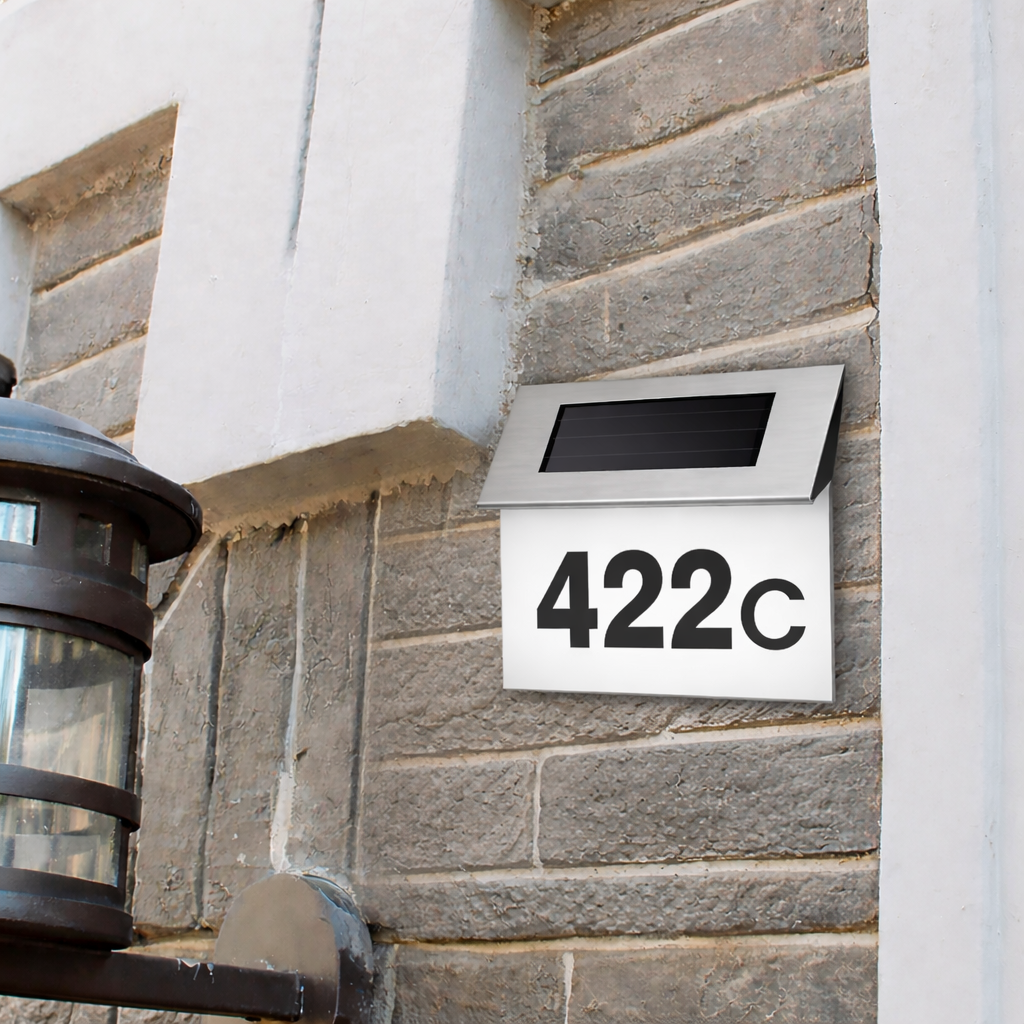 Număr de Casă Modern cu Lumină LED, Alimentare Solară Fără Cabluri și Carcasă din Inox