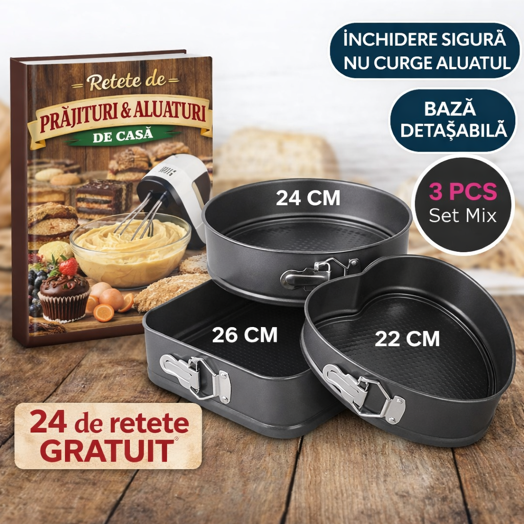 Set 3 Tăvi de Copt - INIMĂ / ROTUNDĂ / PĂTRATĂ +  🎁 GRATIS PDF – 24 Reţete Delicioase