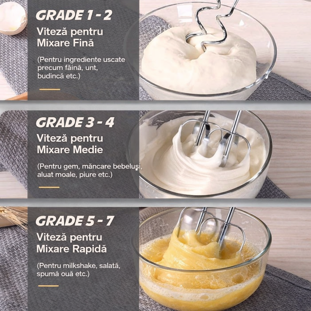 Mixer de Mână cu 7 Viteze, Funcție Turbo + Accesorii pentru Frământare