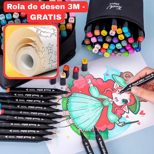 Set Markere + (Rola de desen 3 metri CADOU)  Varf Dublu, Culori Intense, Geanta de Depozitare