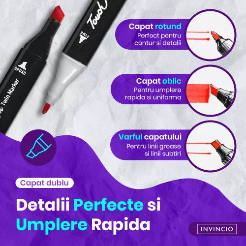 Set Markere + (Rola de desen 3 metri CADOU)  Varf Dublu, Culori Intense, Geanta de Depozitare
