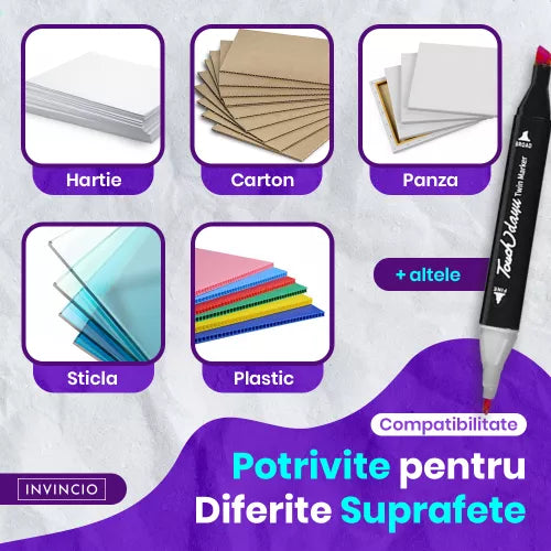 Set Markere + (Rola de desen 3 metri CADOU)  Varf Dublu, Culori Intense, Geanta de Depozitare